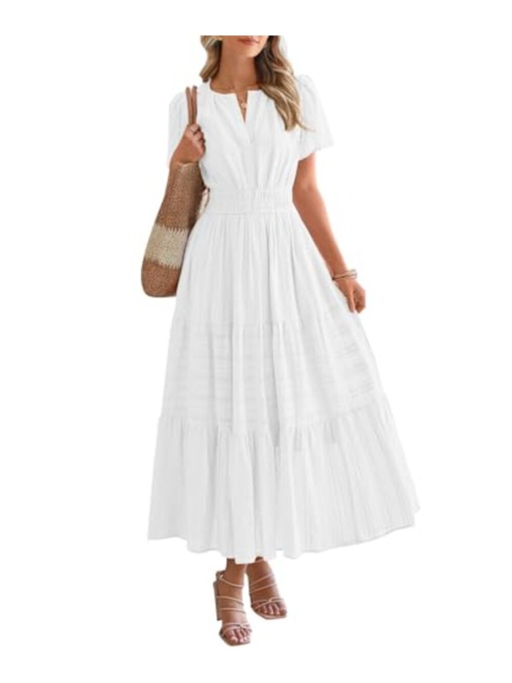 Women Short Sleeve V Neck Elastic Waist Maxi Dress Tiered Ruffle Pockets Boho